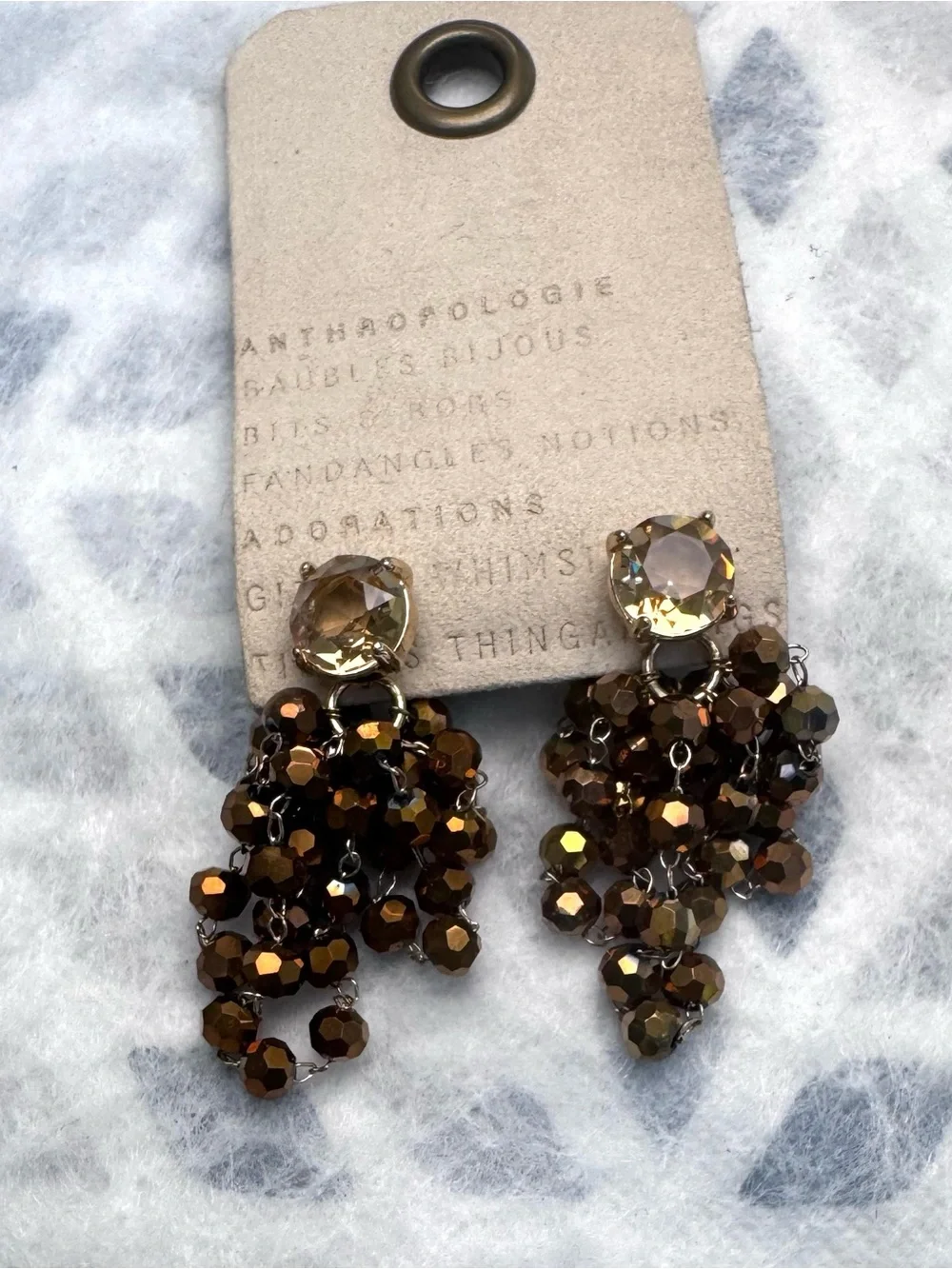 Anthropologie Bronze Amber Crystal Cluster Chandelier Statement Earrings NWT